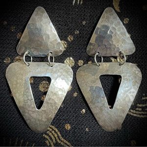 Bold Sterling Silver Vintage Hammered Triangle Dangle Earrings